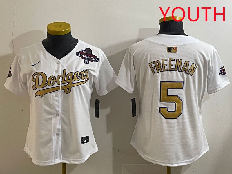 Youth Los Angeles Dodgers #5 Freeman White Champion gold character 2025 Nike MLB Jersey style 4123->youth mlb jersey->Youth Jersey